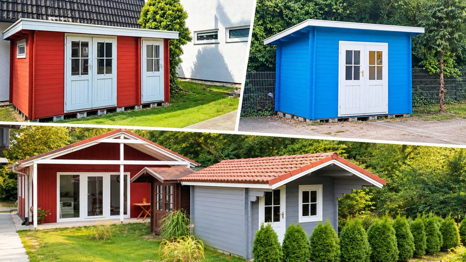 Drei Schuppen aus Holz: rot und blau mit Pultdach, grau mit Satteldach