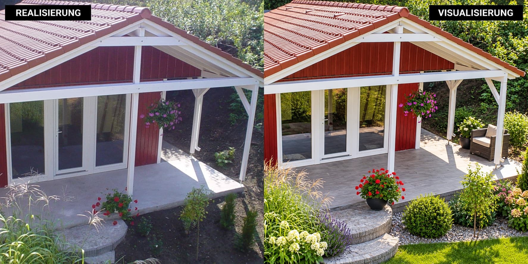 Ferienhaus Bodensee 01 auf dem Ausstellungsgelände, links Foto, rechts Visualisierung