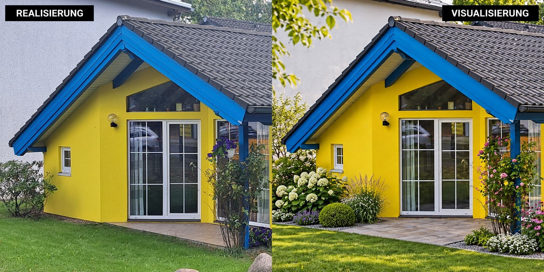 Ferienhaus Kerstin F1 auf dem Ausstellungsgelände, links Foto, rechts Visualisierung