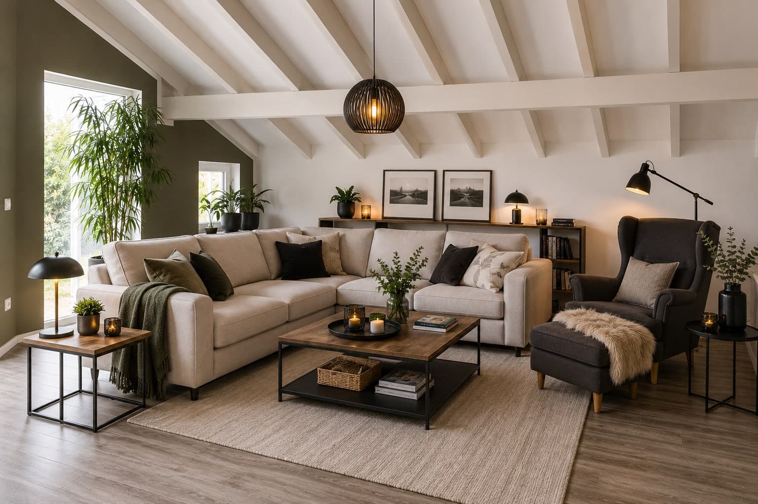 Visualisierung: Wohnzimmer des Bungalows Kerstin 06 mit offenem Dachstuhl, Sofa und Kamin